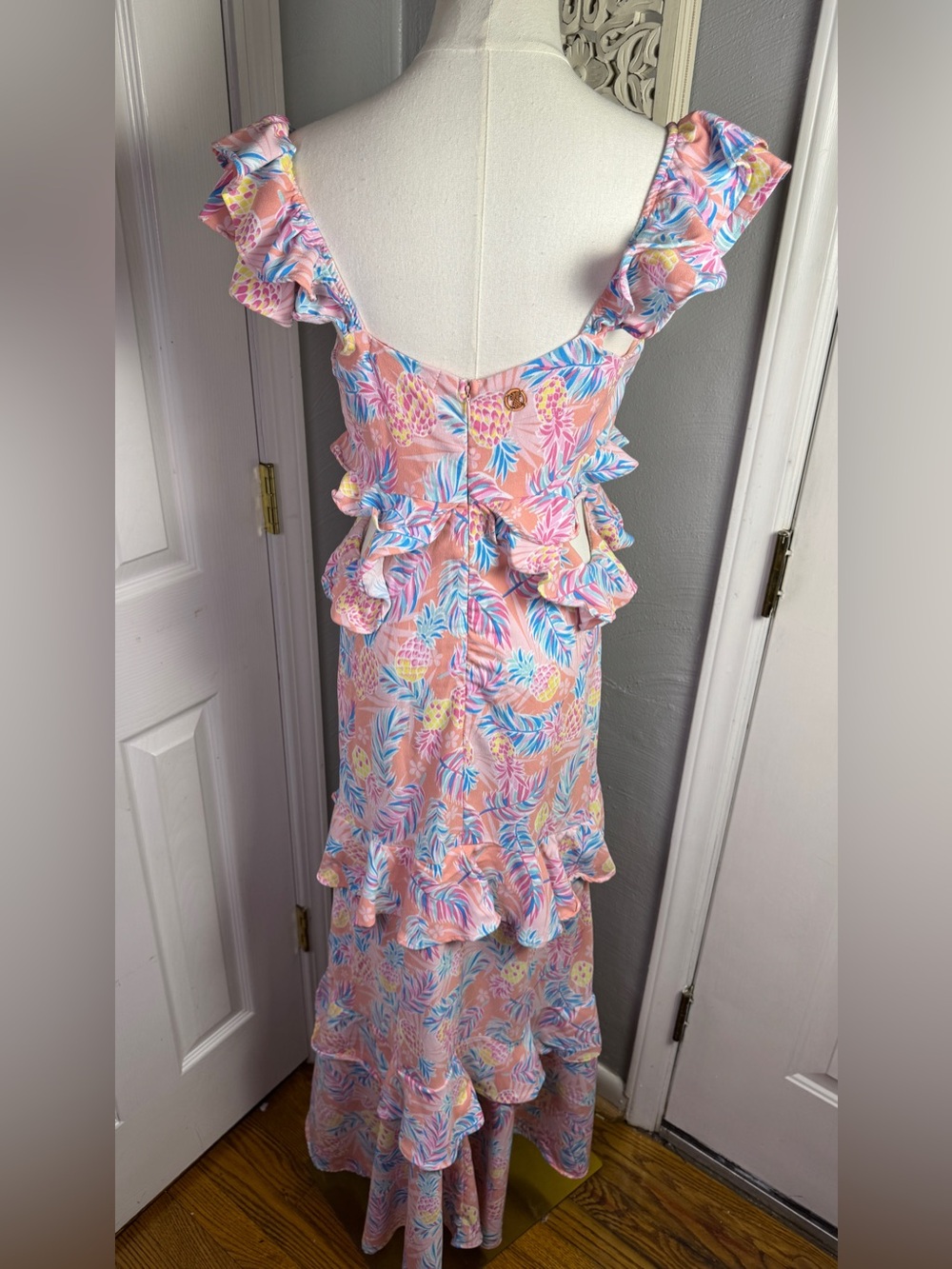 Simply Southern Pineapple Ruffle Maxi Dress Large Tropical Resort Cruise Pink - Picture 5 of 13